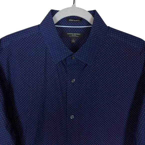 Banana Republic Shirt Men's Large Blue Cotton Polka Dot Grant Slim Fit Button-Up - Picture 3 of 11